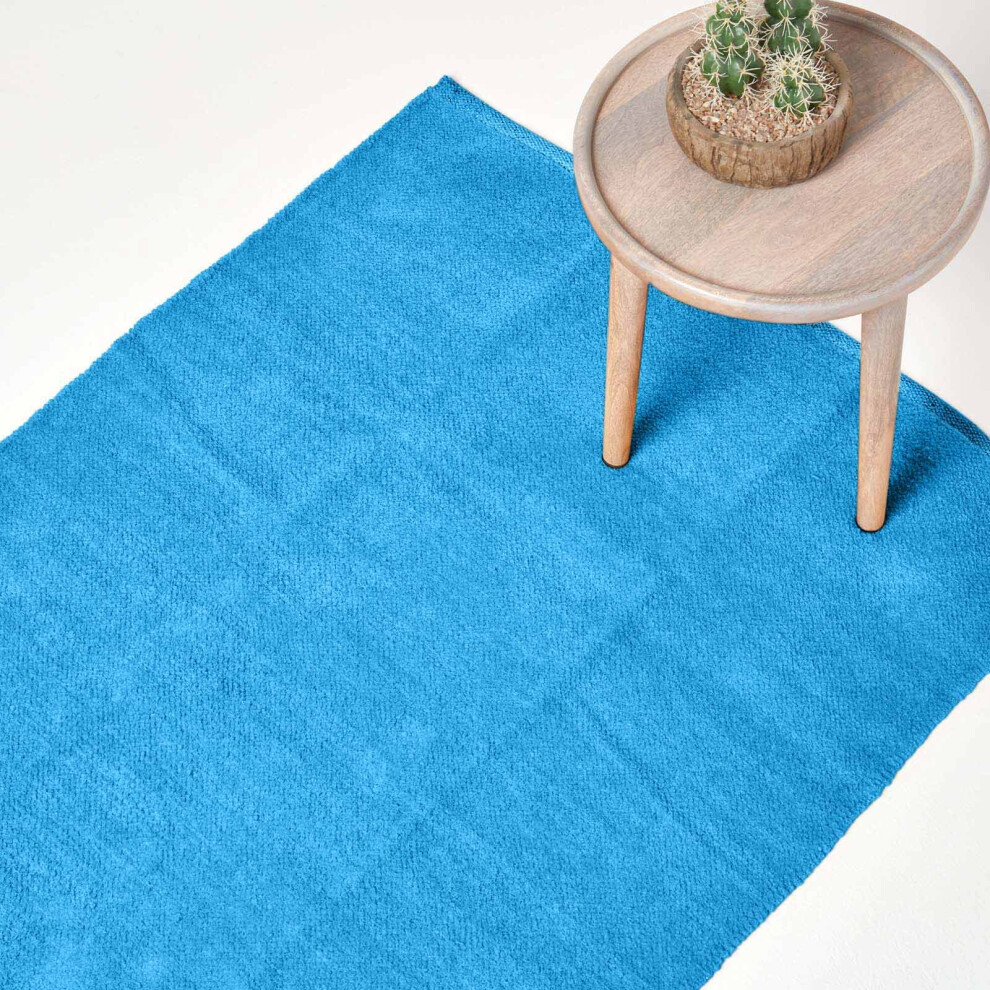 Homescapes Blue (110 X 170 Cm, ) Chenille Plain Cotton Rug 110Cm