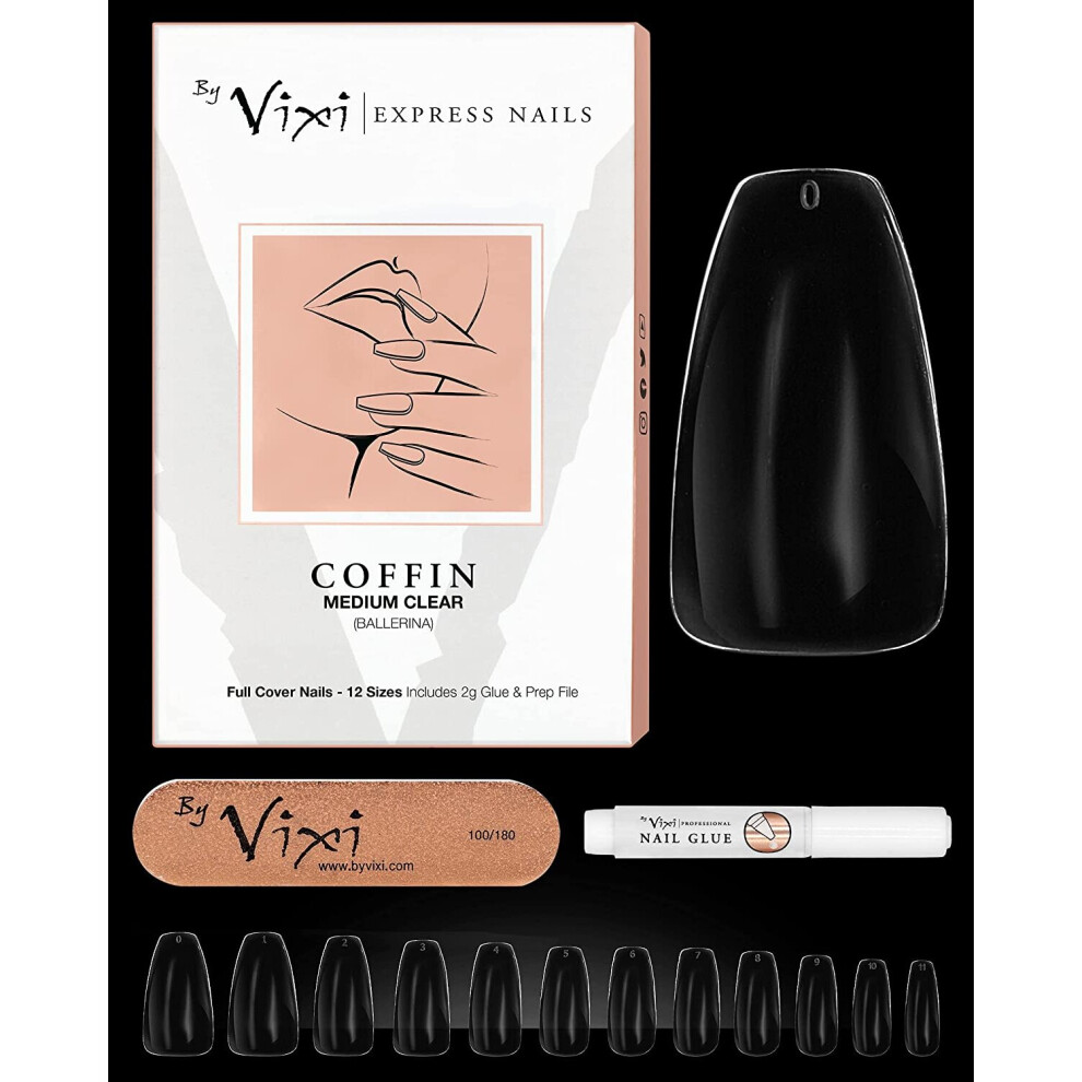 By Vixi 600 Pieces Medium Coffin/Ballerina Nail Set With Free Glue & Prep File, 12 Sizes – Clear Express Full Cover False Fingernail Extensions For