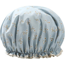 Shower Caps Women Double layer Shower Cap Waterproof Elastic Bath Cap With Flower Pattern for Women Shower Spa Salon (Blue)