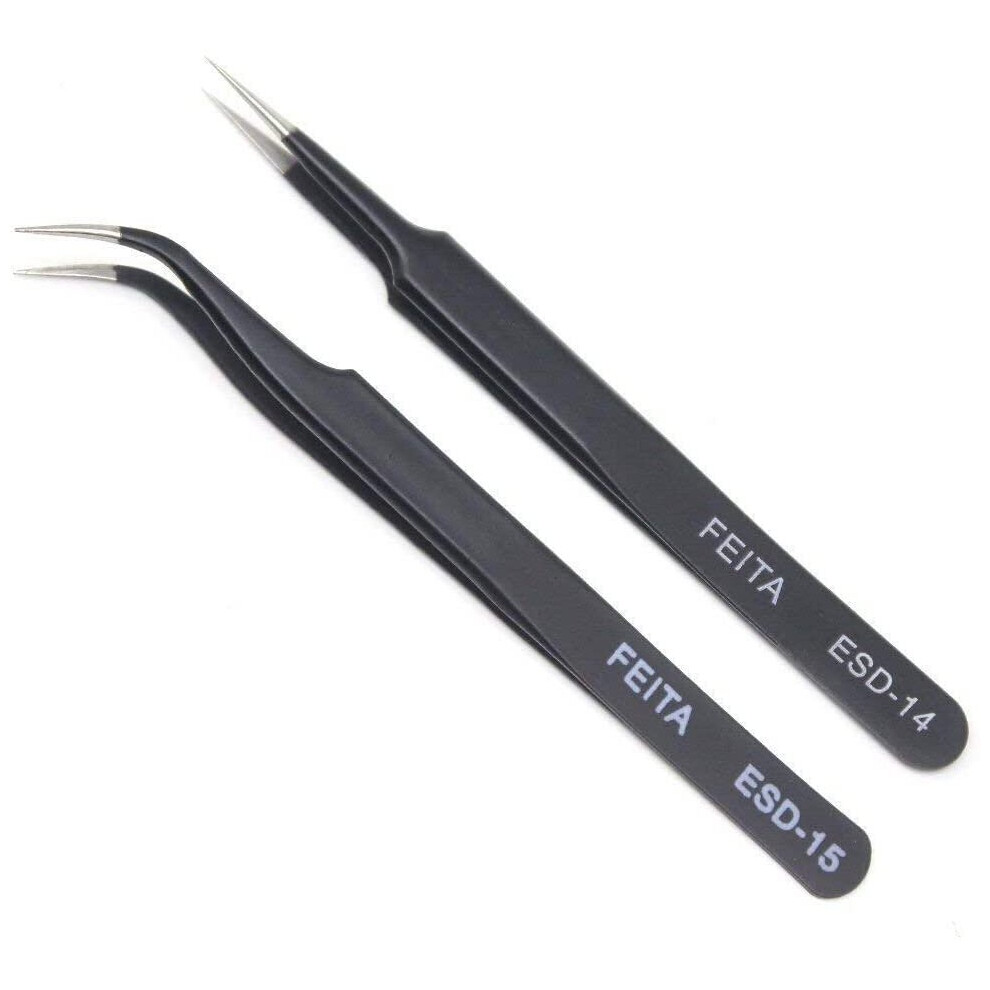 Feita Black Eyelash Extension Tweezer Set - Professional Straight & Curved Pointed Very Fine Tip Precision Tweezers For Lash Extensions - 2Pcs