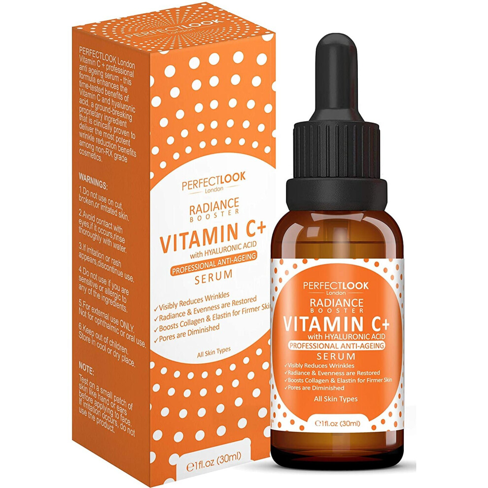Perfect Look London Vitamin C Serum For Face With Hyaluronic Acid Radiance Booster By Professional Anti Ageing Wrinkle, Will Plump, Brighten, Hydrate