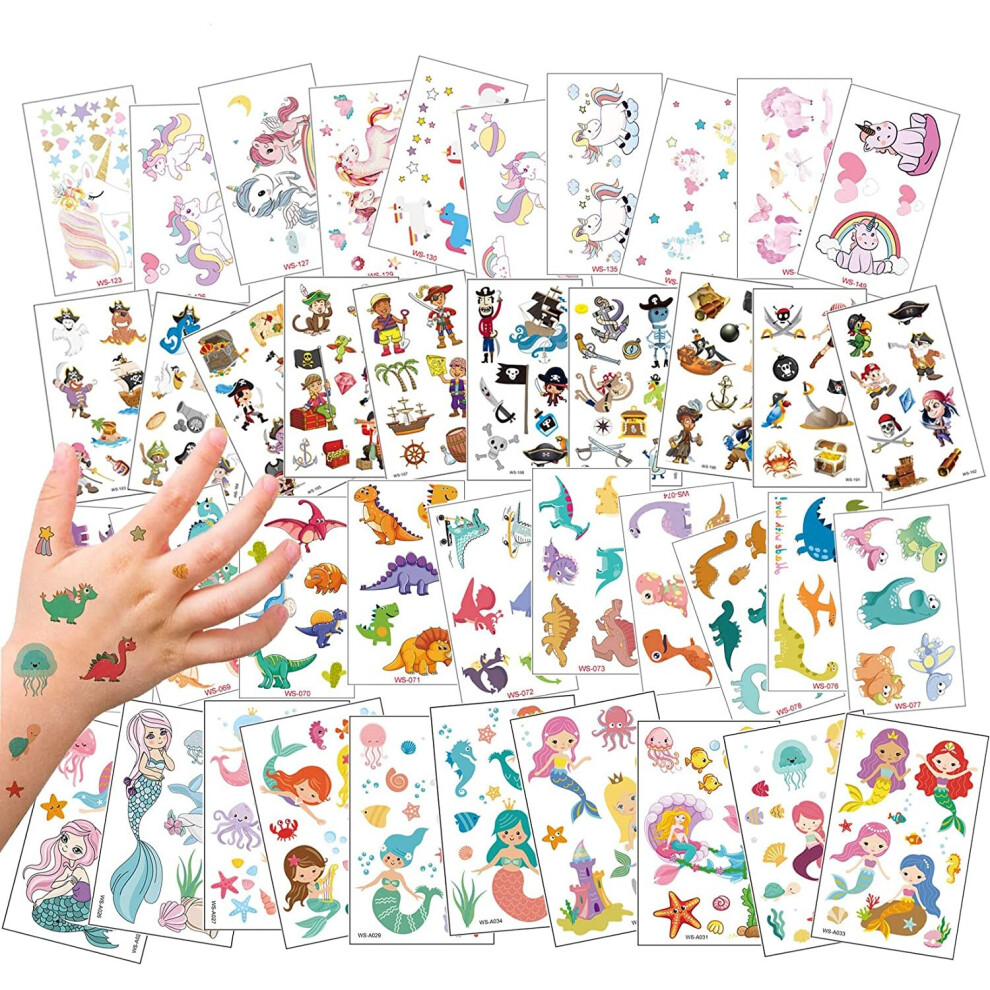 40 Sheets Temporary Tattoo for kids, Unicorn & Dinosaur & Pirate & Mermaid Paper Tattoo Stickers for Teens Boys and Girls, Arm Face Transfer Tattoos