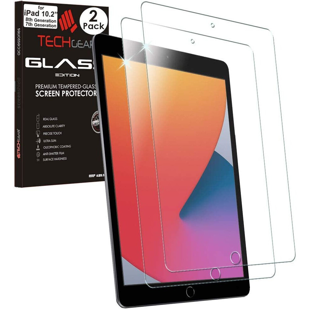 TECHGEAR 2 Pack iPad 10.2" 2020/2019 GLASS Screen Protector, Tempered Glass Screen Protector Cover [9H Hardness] [Crystal Clarity] [Scratch-Resistant]