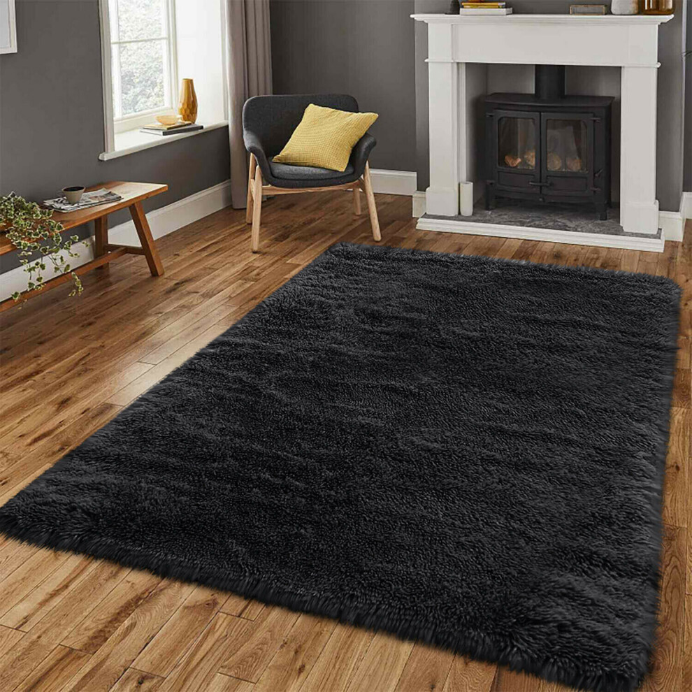 (Black, 80 x 150 cm) Large Shaggy Rugs Living Room Carpet Fluffy Pile