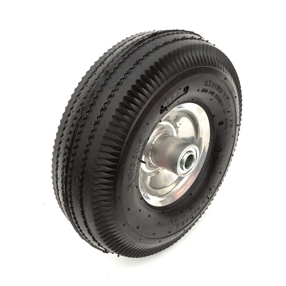 Metal Wheel & Pneumatic Tyre 10 Inch 4.10/3.50-4 Line Tread Fits Wheelbarrow