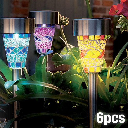 6 PACK SOLAR POWERED MOSAIC STAKE LIGHTS GARDEN BORDER LANTERNS 1