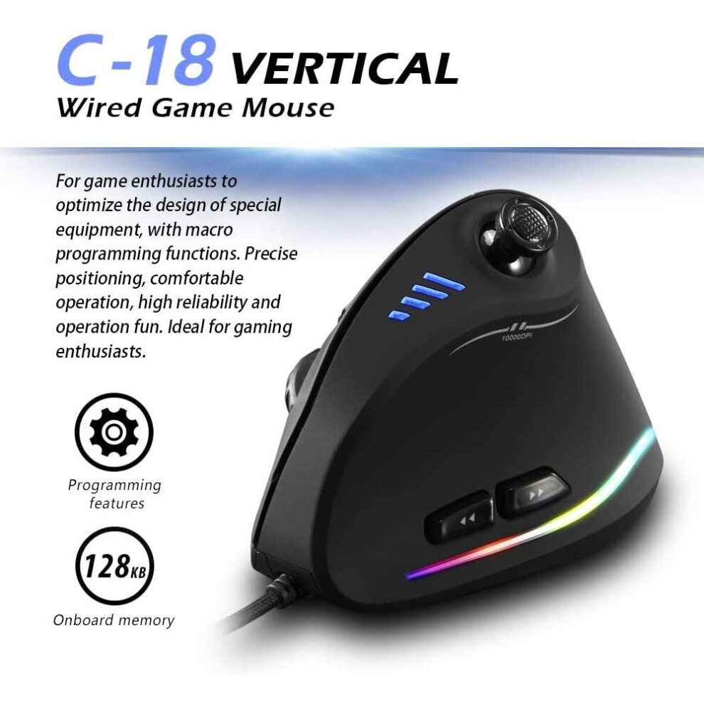 Zelotes Vertical Mouse With Control Bar,10000Dpi Ergonomic Mouse, Led Optical Usb Wired Gaming Mouse For Laptop,Pcâ Black 757173571683