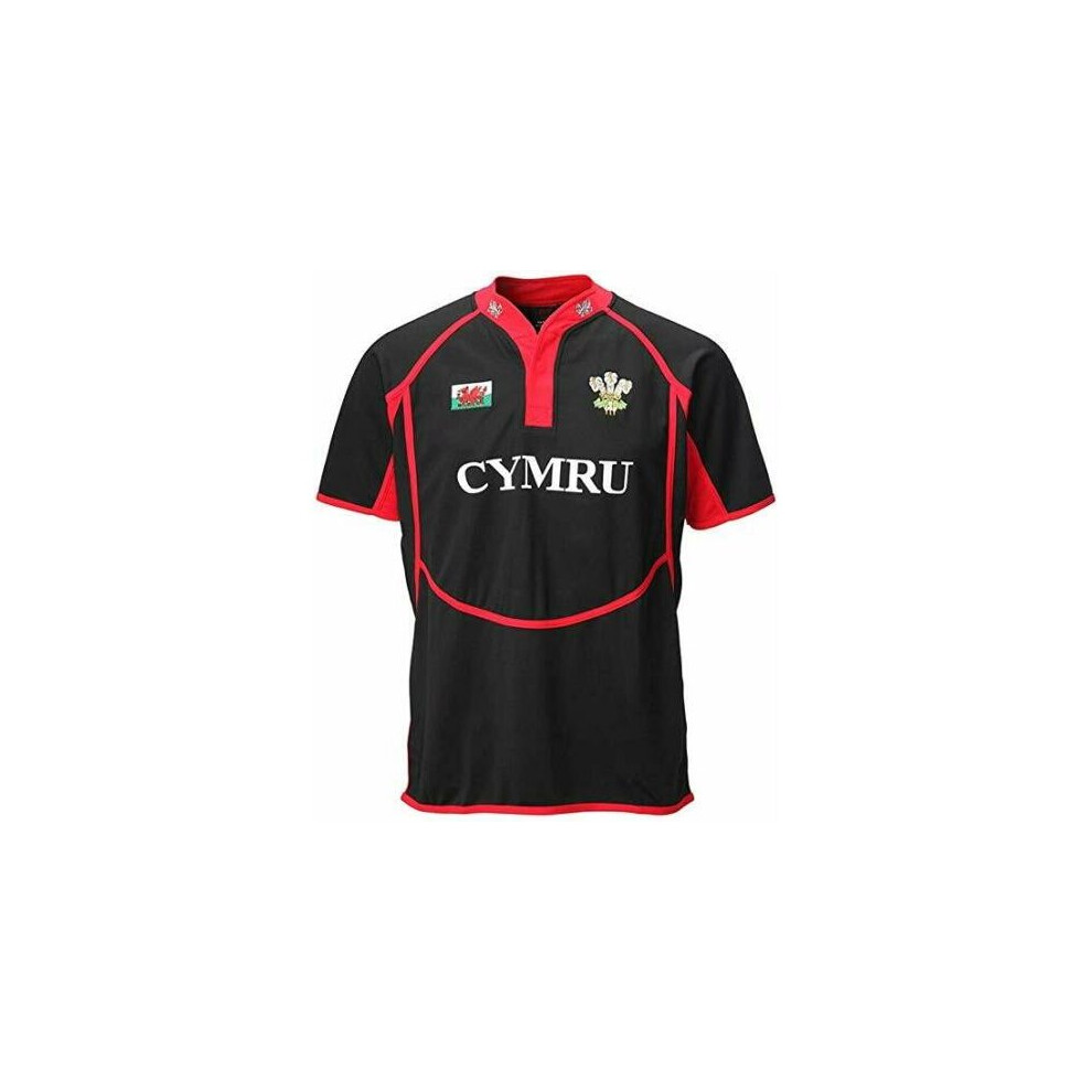 (Black, M) NEW MEN'S 'NEW COOLDRY' WALES WELSH FEATHERS/DRAGON COLLARED RUGBY T SHIRT