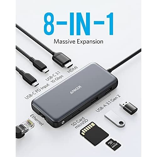 Anker USB C Hub, PowerExpand 8-in-1 USB C Adapter, with 100W Power  Delivery, 4K 60Hz HDMI Port, 10Gbps USB C and 2 USB A Data Ports, Ethernet  Por