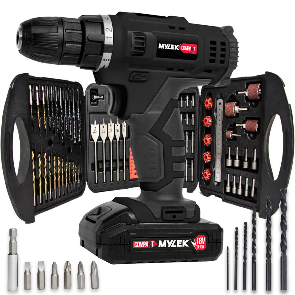 Mylek 18v Cordless Drill Li-Ion Battery With 131 Piece Accessory Set
