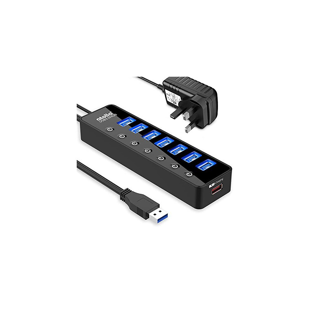 Atolla Powered Usb 3.0 Hub 20W, 7 Multi Usb Data Ports Hub Splitter With Individual On/Off Switches+1 Usb Smart Charging Port With 5V/4A Pow 659103657859