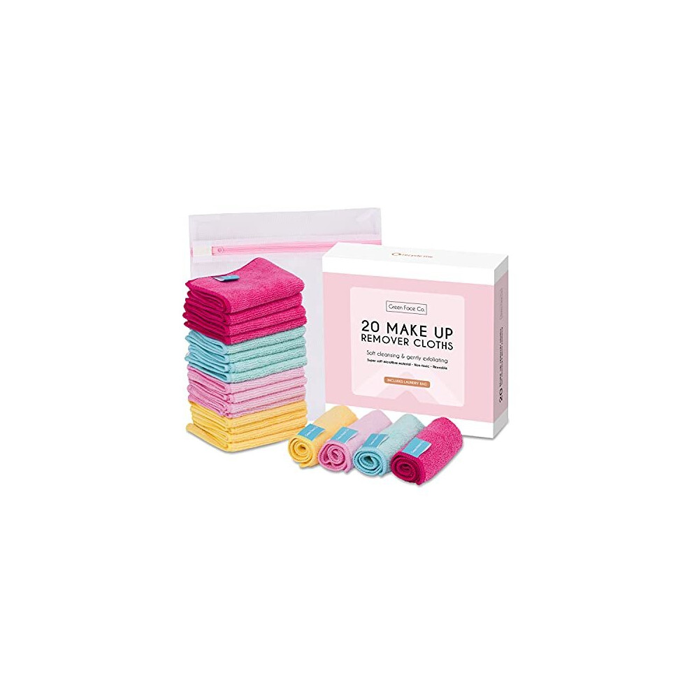 20 x Microfibre Makeup Remover Wipes with Laundry Bag by Green Face Co | Reusable Soft Facial Cloths for Beauty Routine | Great Make Up Removing