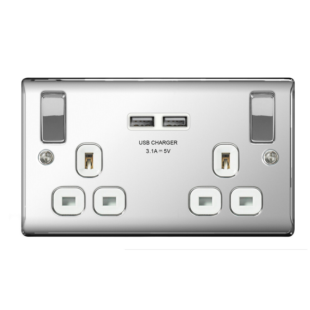 BG Nexus NPC22U3W Polished Chrome Twin Socket With USB Charger Ports