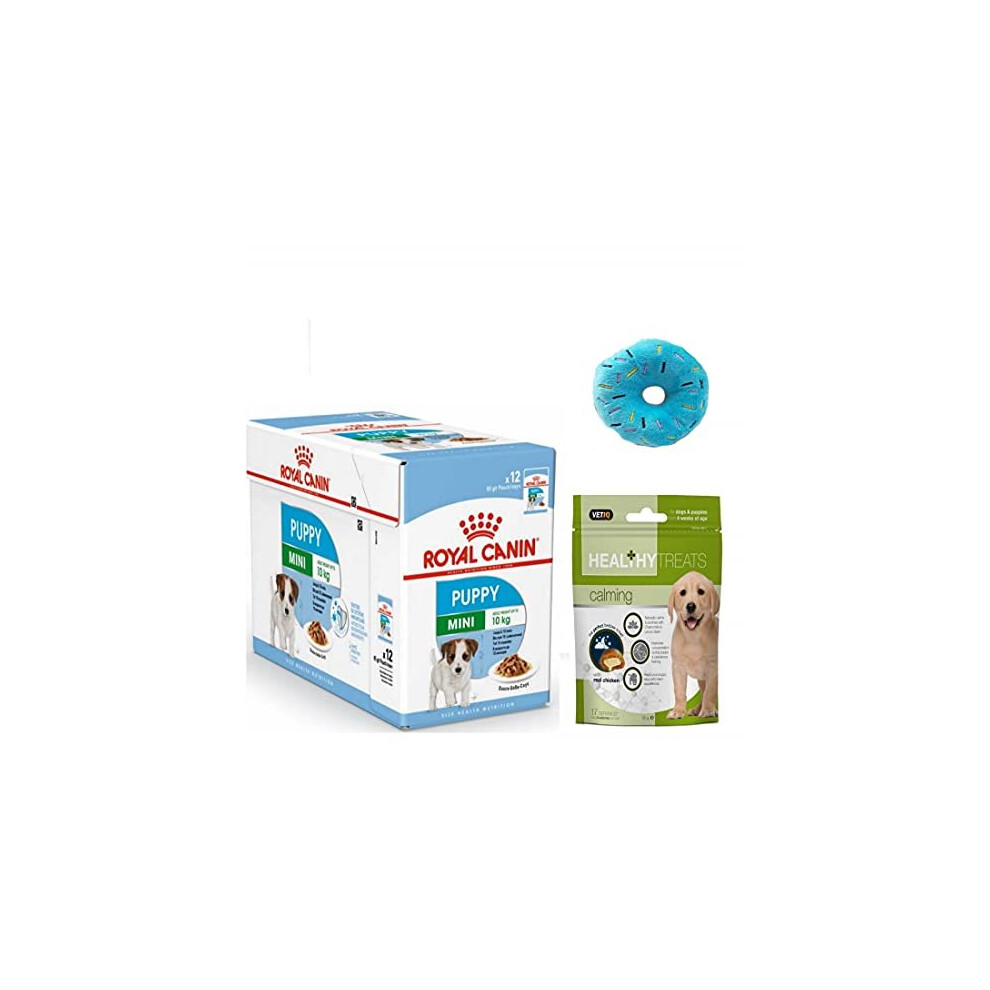 ROYAL CANIN Mini Puppy Wet Dog Food in Gravy Pack 12 x 85g. and Healthy Calming Treats for Puppy and Donut Plush Squeaky Puppy Toy