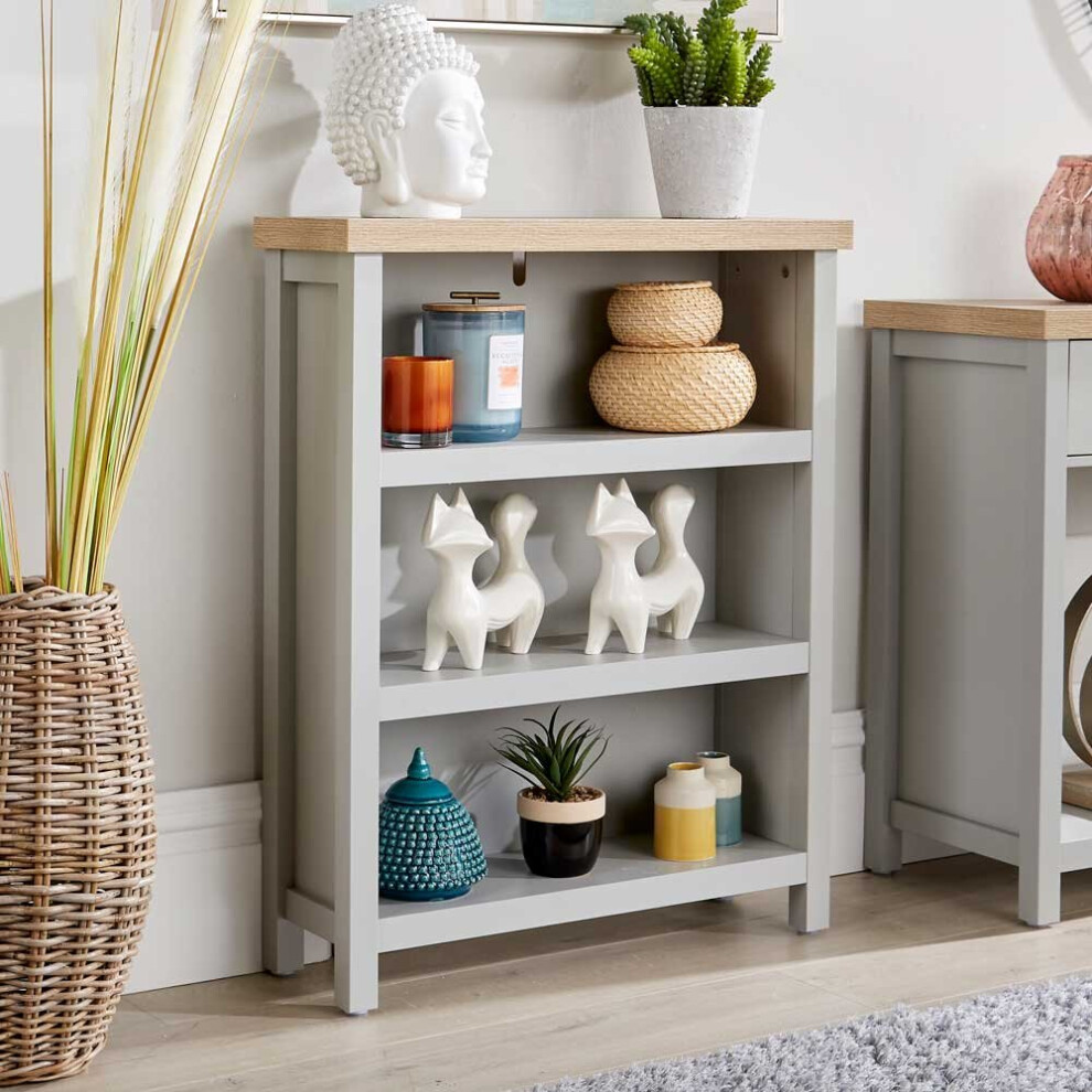 Grey Oak Low Bookcase Display Unit 3 Bookshelves DVD Storage Two Tone