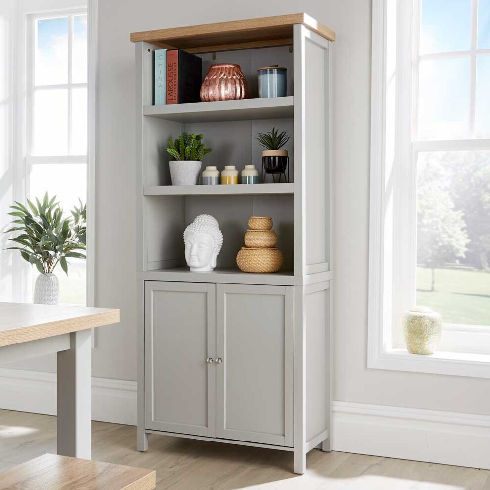 Grey Oak Tall Display Bookcase 3 Shelf 2 Door Storage Cupboard