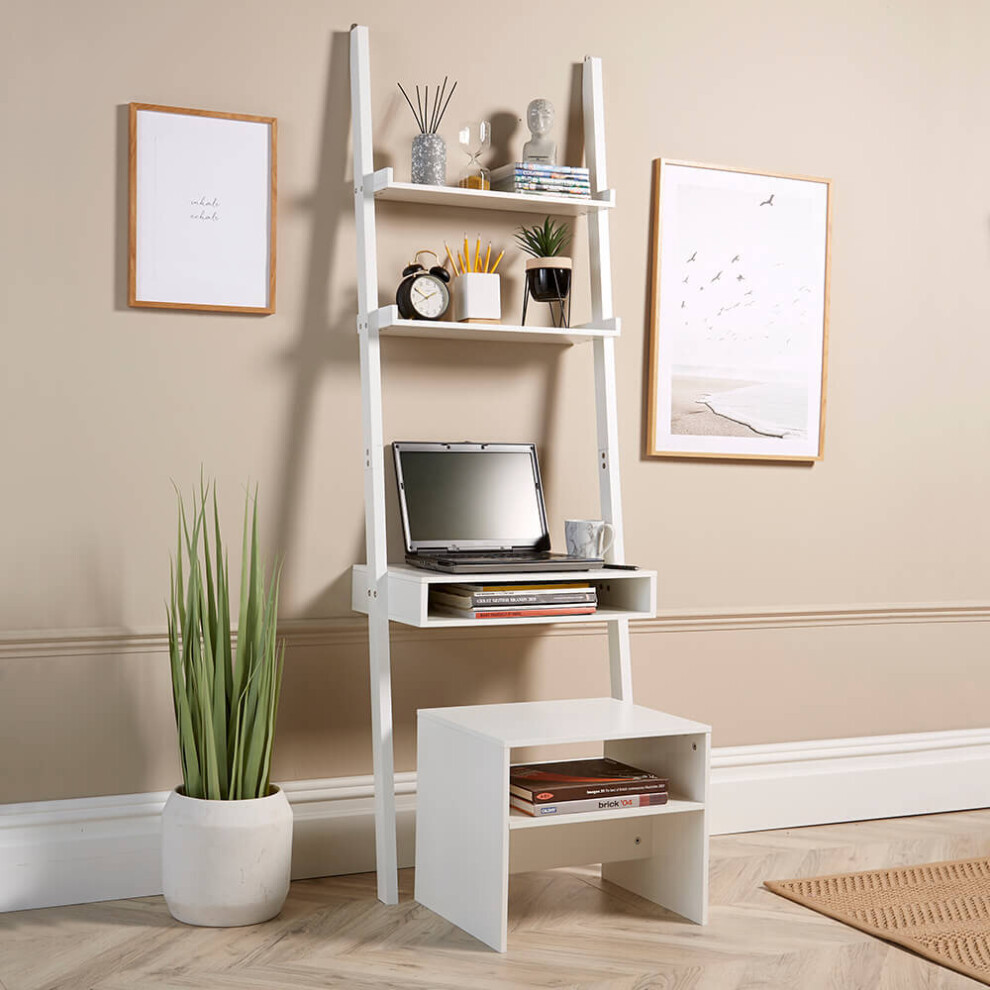 (White) 3 Tier Ladder Shelf Desk Home Office Storage with Stool