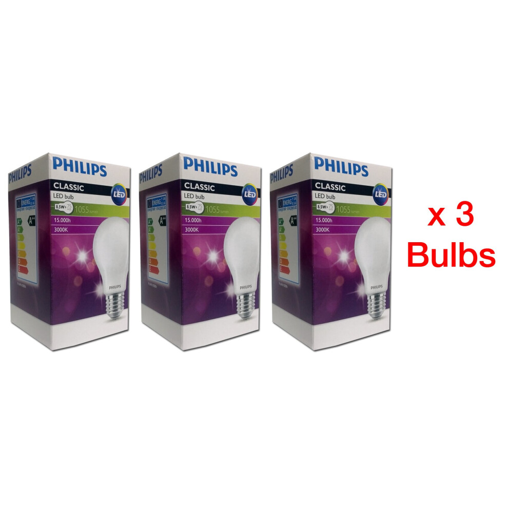 Philips E27 8.5W (75W) Classic Led Bulb, 3000K 1055Lm (3 Pack)
