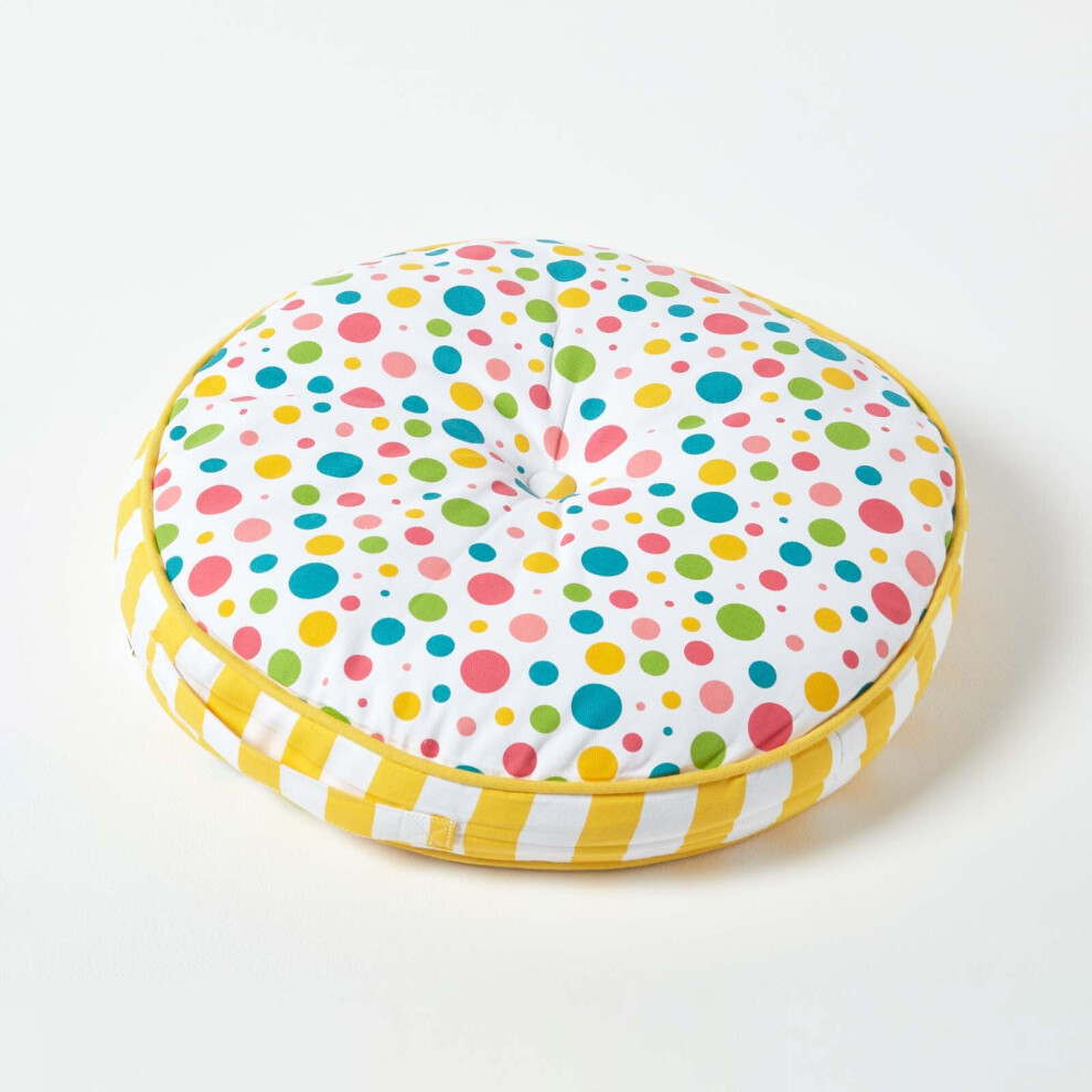 Multi Polka Dots & Yellow Stripes Round Floor Cushion