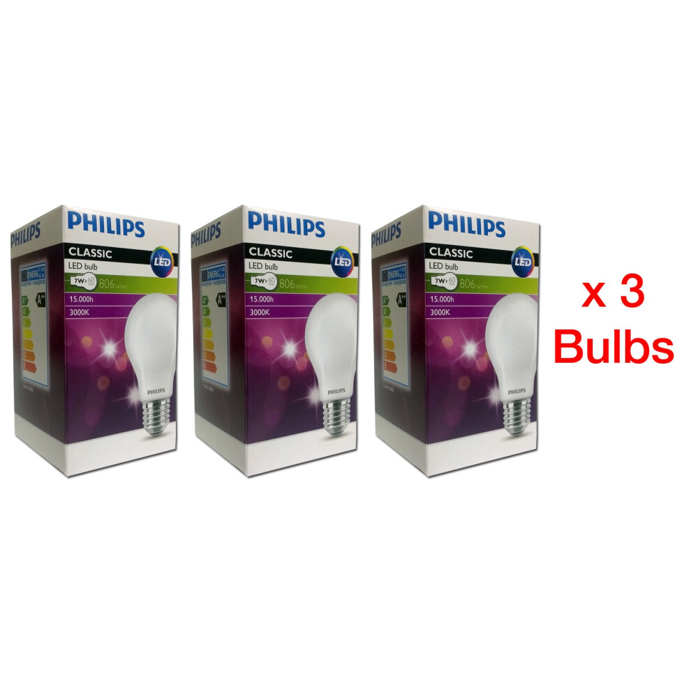 Philips E27 classic LED bulb, 7w (60w), 806lm, 3000K, (3 Pack)