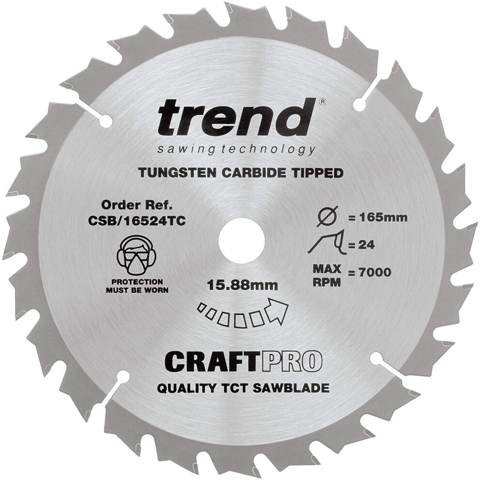 Trend CSB/16524T Craft Pro saw blade - 165mm diameter 5/8in bore 24tooth TCT for cordless saws, 5.0 mm*265.0 mm*318.0 mm