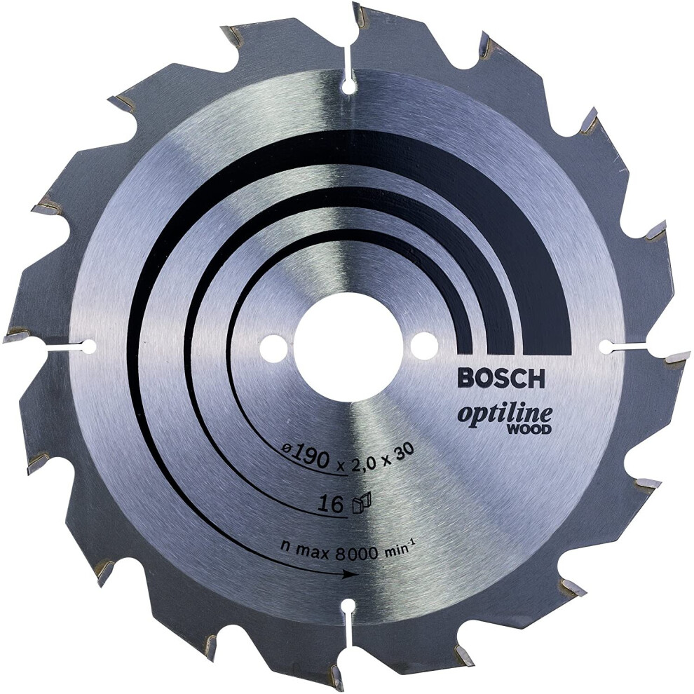Bosch 2608641184 Optiline Wood Circular Hand Saw Blade, 190mm x 2.0mm x 30mm, 16 Teeth, Silver