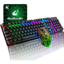 T3 Upgrade Wireless Keyboard Mouse Combo, Rainbow Backlit 2.4G Rechargeable Mechanical Feel Gaming Keyboard + 2400DPI 6 Buttons Optical Rainbow LED