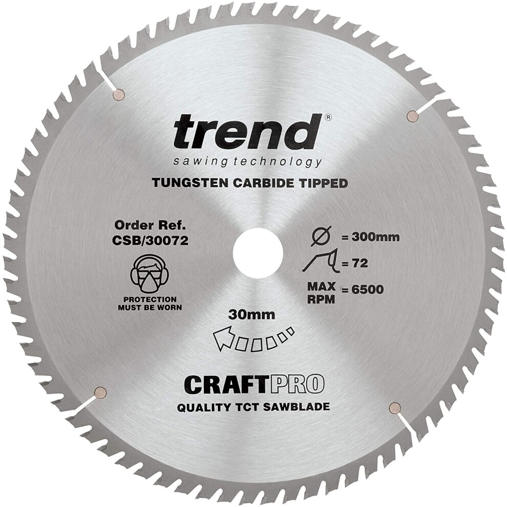 Trend Csb/30072 Craft Pro Quality Tct Circular Saw Blade, 300Mm X 72 Teeth X 30Mm Bore, Tungsten Carbide Tipped