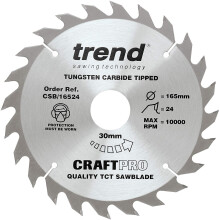 Trend CSB/16524 Craft Pro Trimming Crosscut TCT Blade Ideal for Einhell TE-CS165 Circular Saws, 165mm x 24 Teeth x 30mm Bore, Tungsten Carbide Tipped