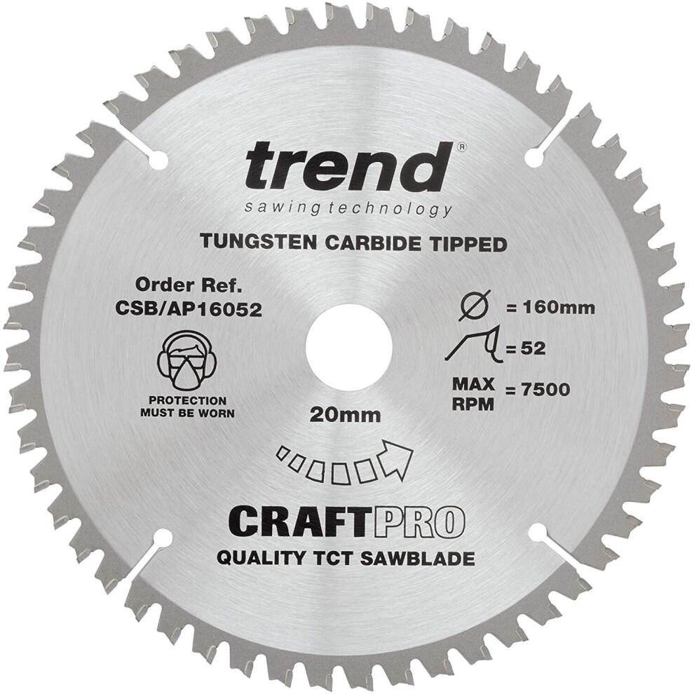 Trend CSB/AP16052 Craft Pro Worktop Aluminium and Plastic TCT Blade Ideal for Festool, Scheppach, and Mafell Circular/Plunge Saws, Tungsten Carbide