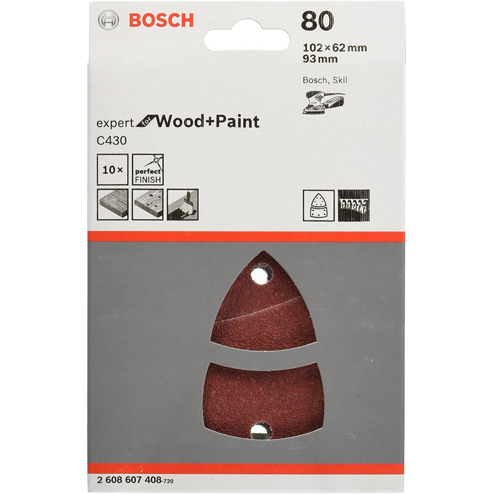 Bosch 2608607408 Sander Sheet Wood Velcro, 11 Hole, 102mm x 62mm, 93mm Ø, 80 Grit, Red