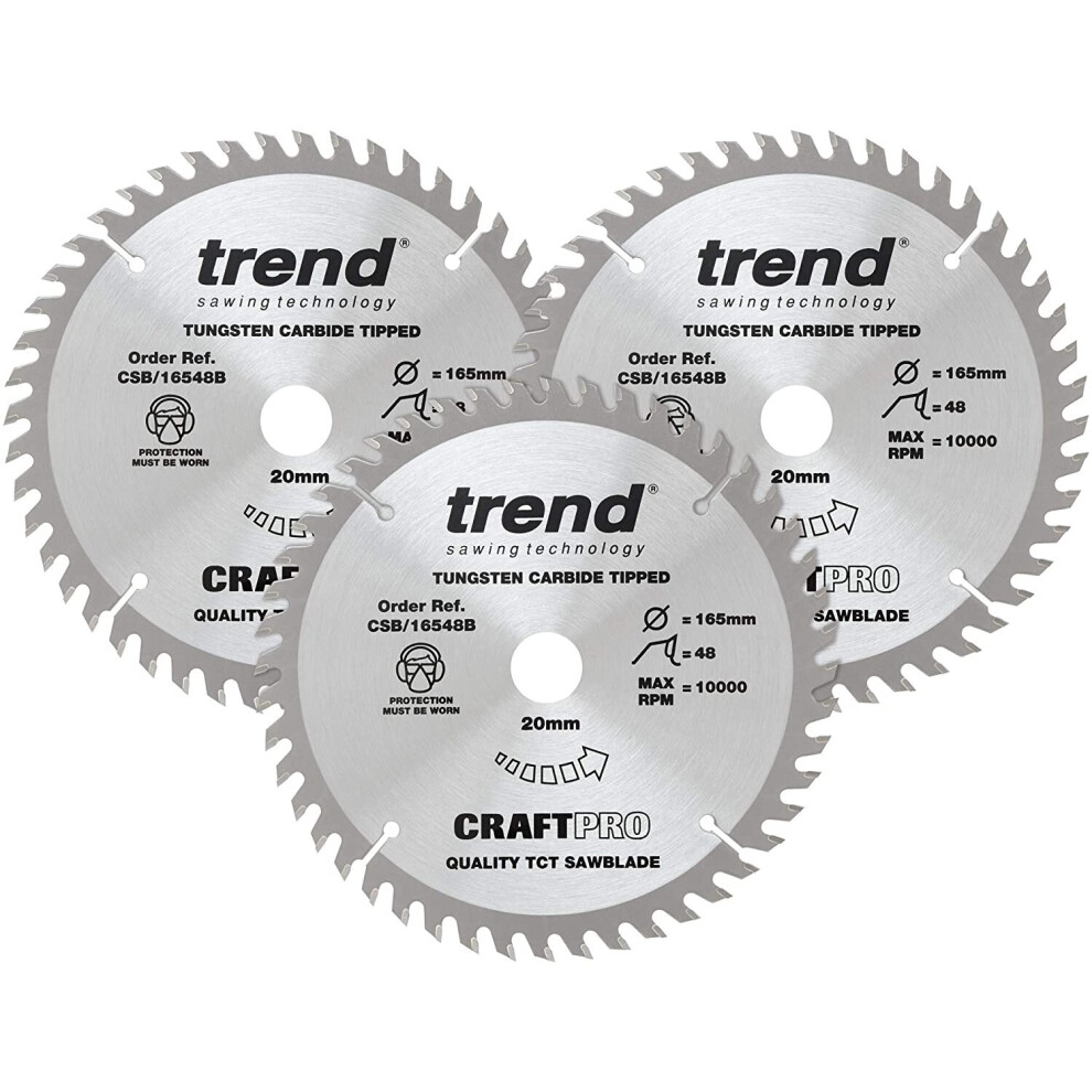 Trend CSB/165/3PK/A Craft Pro Triple Pack of TCT Blades Ideal for Dewalt DWS520K and Makita SP6000 Circular Saws, Tungsten Carbide Tipped, 165mm x 48