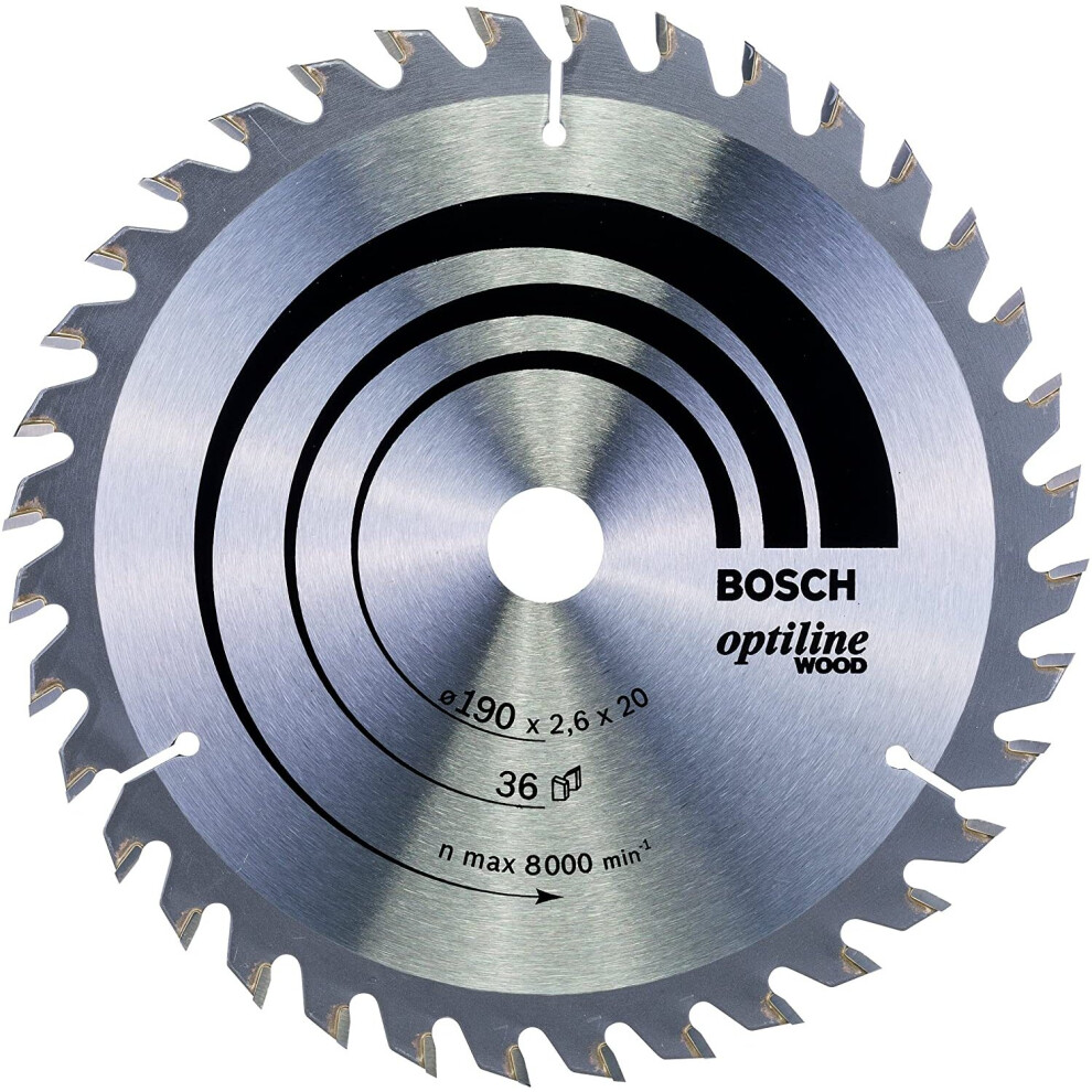 Bosch 2608640613 Optiline Wood Circular Hand Saw Blade, 190Mm X 2.6Mm X 20Mm, 36 Teeth, Silver