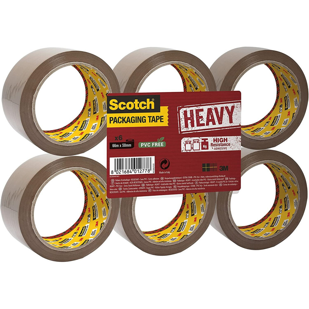 3M Scotch Heavy Duty Packaging Tape, 66M X 50Mm, Brown, 6 Rolls, Suitable For Rough Handling And Shipping