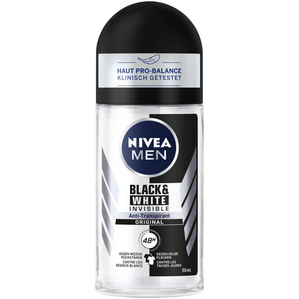 Nivea Men's Black/White Invisible Roll-On Deodorant, 50 Ml