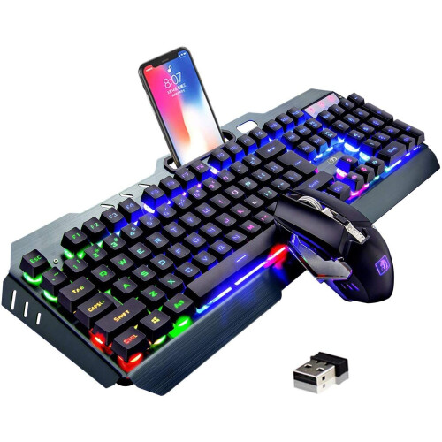 Wireless Gaming Keyboard and Mouse Set, 2.4G Rechargeable 3800mAh Large Capacity, Rainbow LED Backlit Mechanical Feel Gaming Keyboard with Smart