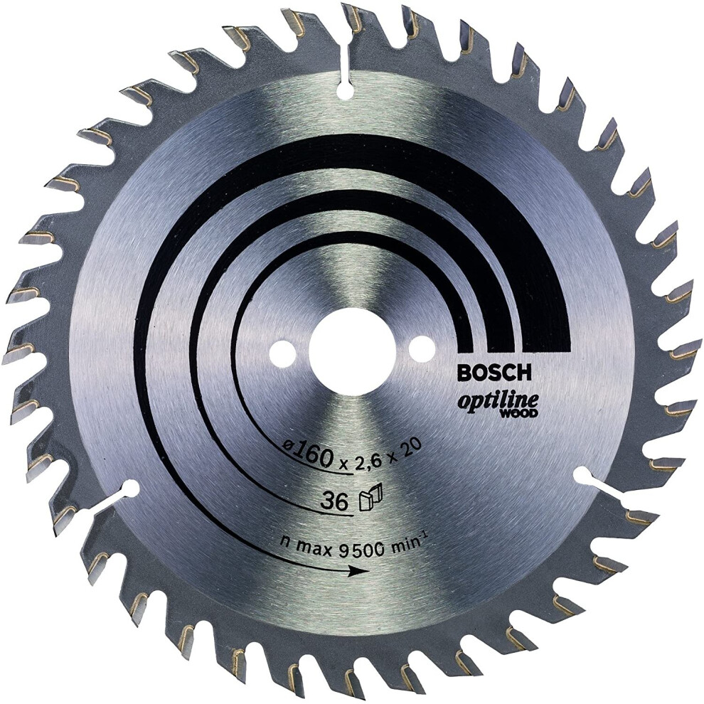 Bosch 2608640597 Optiline Wood Circular Hand Saw Blade, 160mm x 2.6mm x 20mm, 36 Teeth, Silver