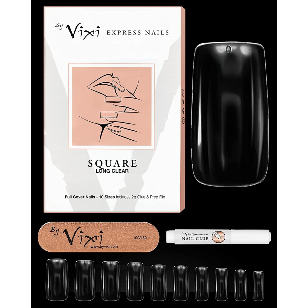 By Vixi 500 Pieces Long Square Nail Set With Free Glue & Prep File, 10 Sizes Â Clear Express Full Cover False Fingernail Extensions For Salon