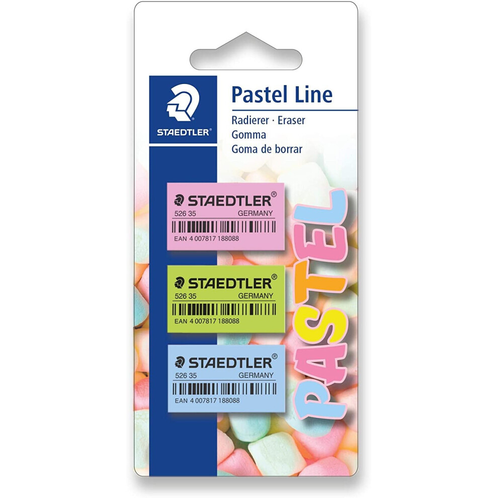 Staedtler Pastel Line 52635PBK3 Eraser Pastel Colours Blister Card with 3 Erasers