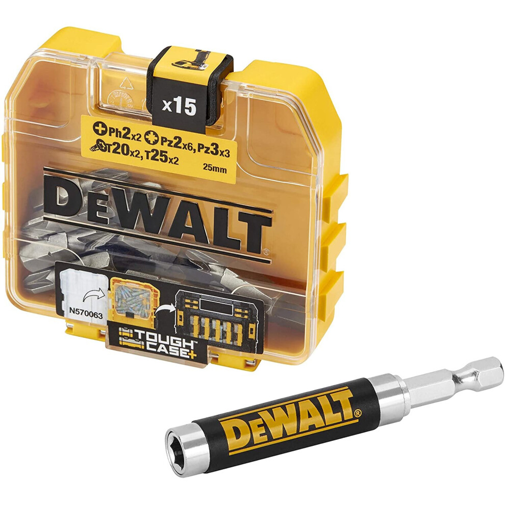 Dewalt DT71511-QZ Juego 16 piezas para atornillar. 15 Puntas de 25mm: Ph2, Pz2 x6, Pz3 x3, T20, T25 x2 y guía magnética compacta
