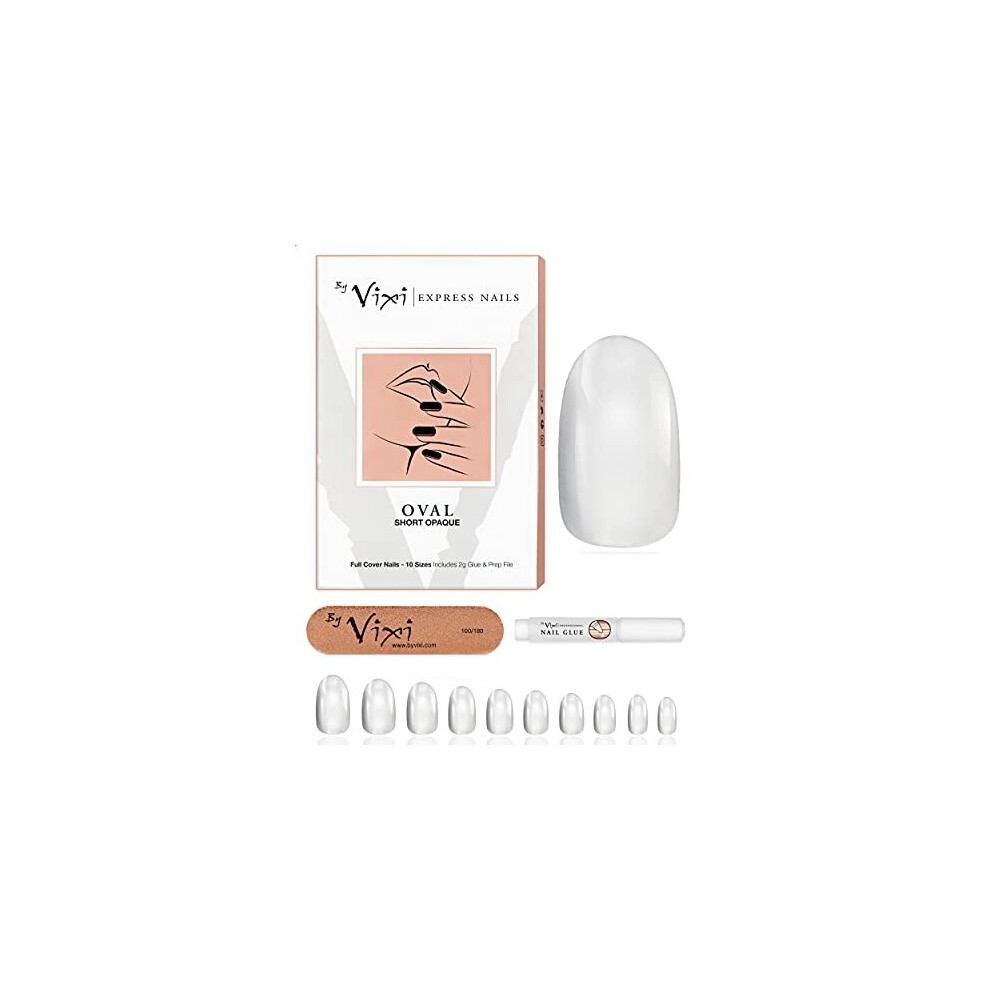 By Vixi 600 Pieces Short Oval Nail Set With Free Glue & Prep File, 10 Sizes Â Opaque Express Full Cover False Fingernail Extensions For Salon