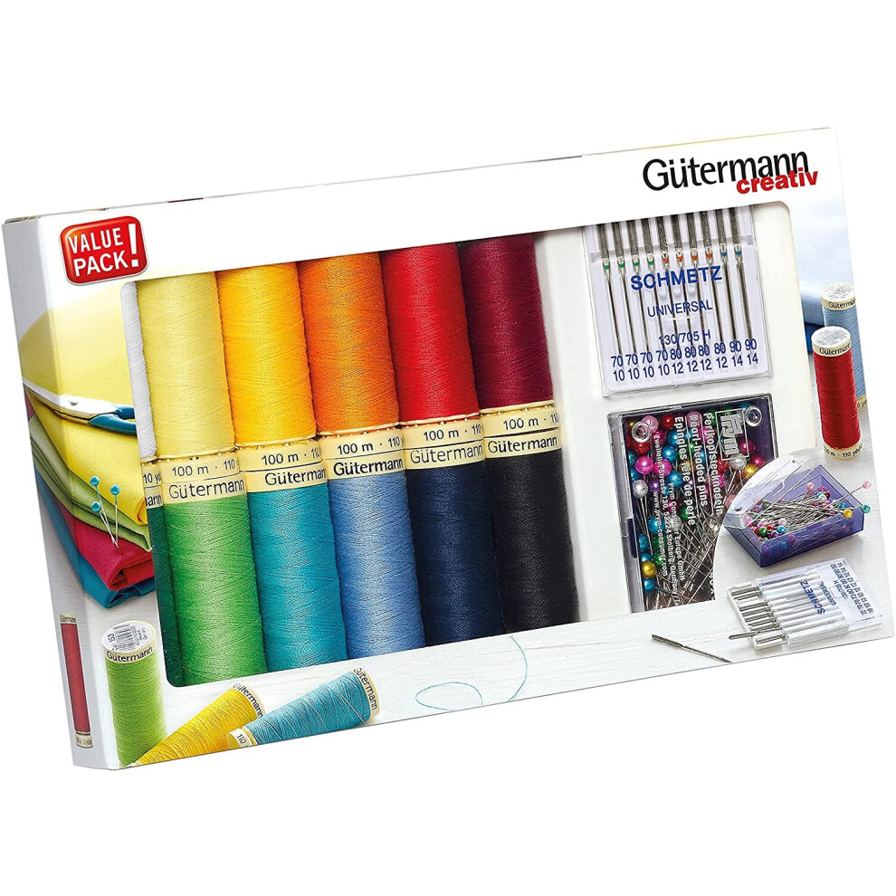 Gutermann Assorted Sewing Thread Set 100mtr x 12 reels Plus Schmetz Machine Needles and Prym Pearl Headed pins, One Size