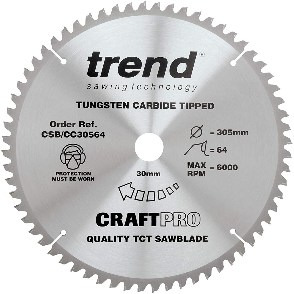 Trend Csb/Cc30564 Craft Pro Negative Hook Crosscutting Tct Circular Blade Ideal For Makita, Dewalt, Metabo, And Bosch Mitre Saws, Tungsten Carbide