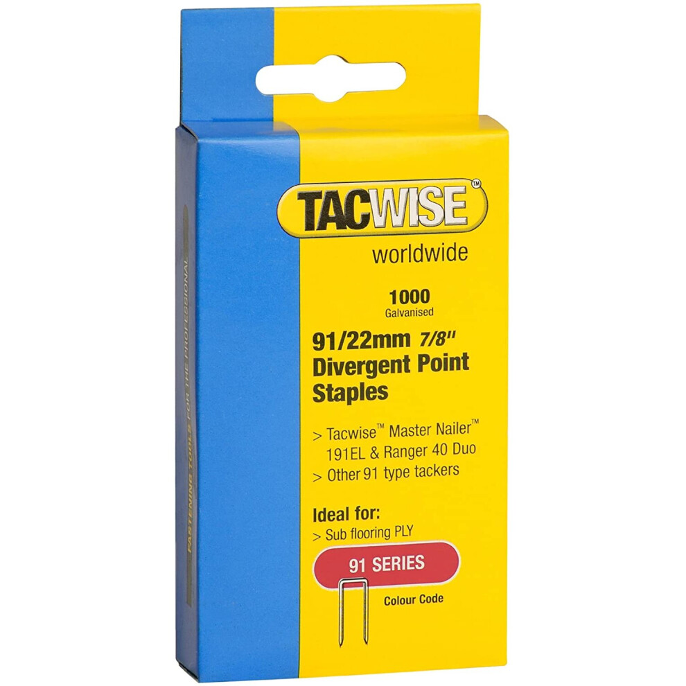 Tacwise 0288 91/22 mm Divergent Point Narrow Crown Staples - Box of 1,000