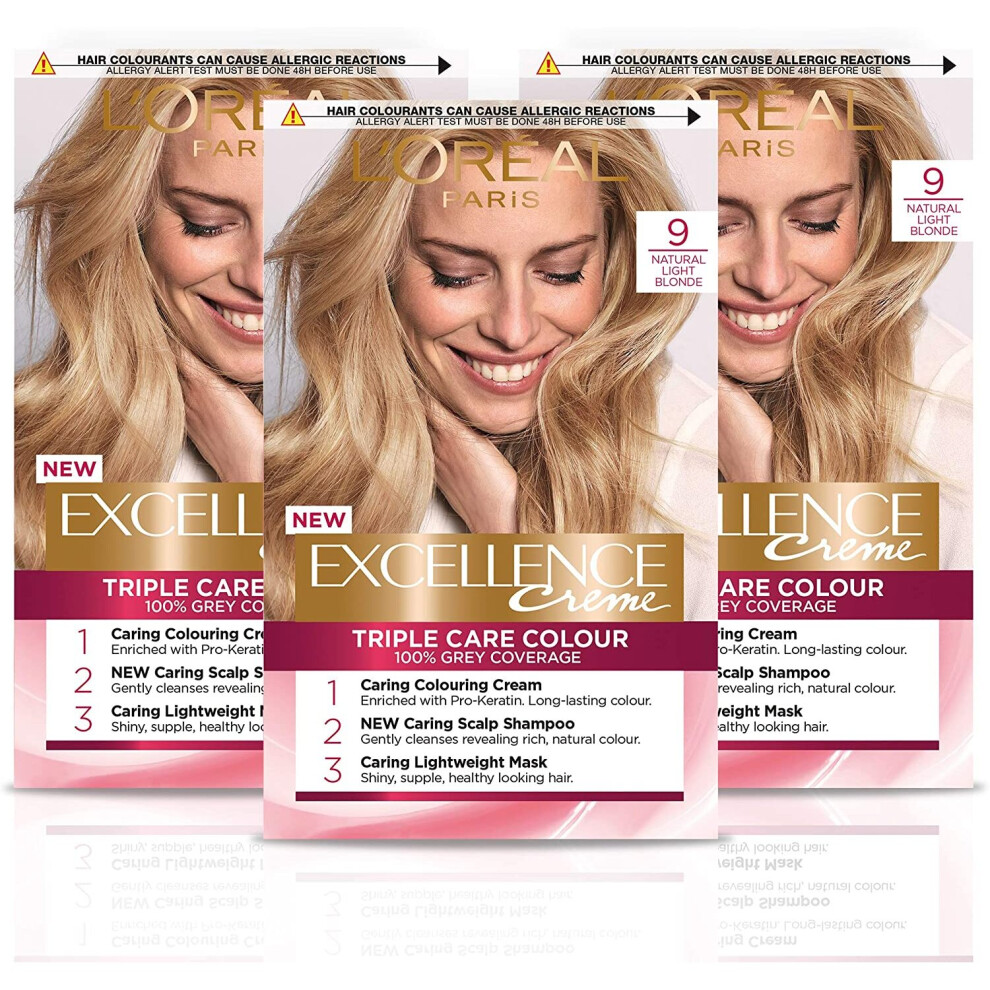 L'Oreal Paris Excellence CrÃ¨me Blonde Permanent Hair Dye, Up to 100% Grey Hair Coverage, Natural-Looking Hair Colour Result, Blonde Hair Dye 9