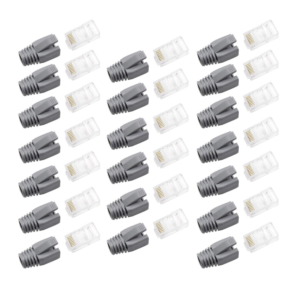 WJUAN 20 Pcs of RJ45 CAT6 Connector Modular Plug and 20 Pcs Gray Protective Sleeve, Cable Solid Crystal Head CAT6 Crimping End, Used for Routers,