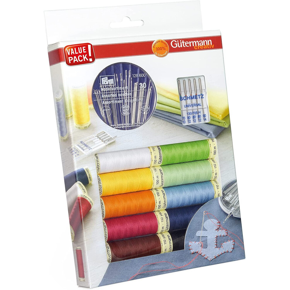 Gutermann 734562 Thread Set 100m x 10 reels with Prym Sewing Needles, Multi-Colour