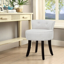 Velvet Soft Seat Low-Back Vanity Stool - Off-White Upholstery, Buttoned Back, Solid Rubberwood Legs, Dressing Table Chair