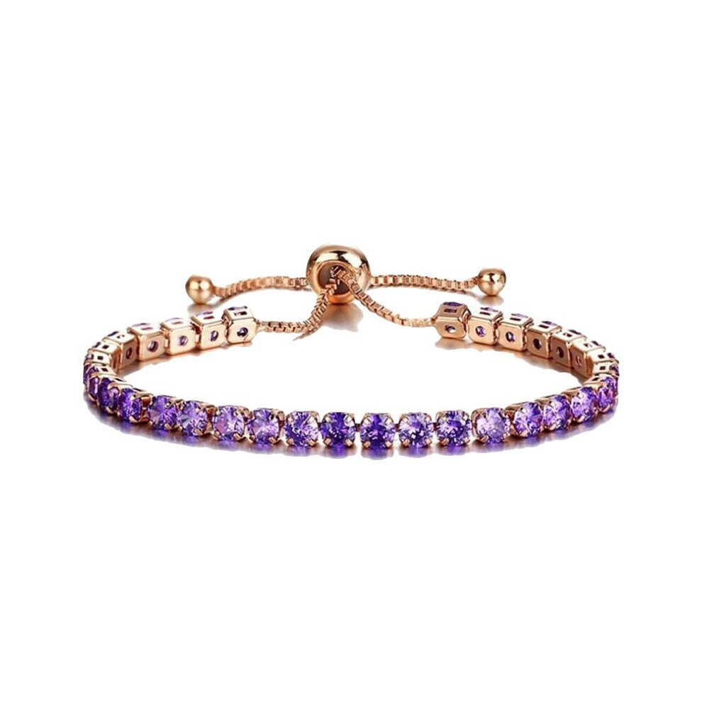 (Purple) Silver Gold Solitaire Friendship Bracelet Created With Crystals Adjustable Multicoloured