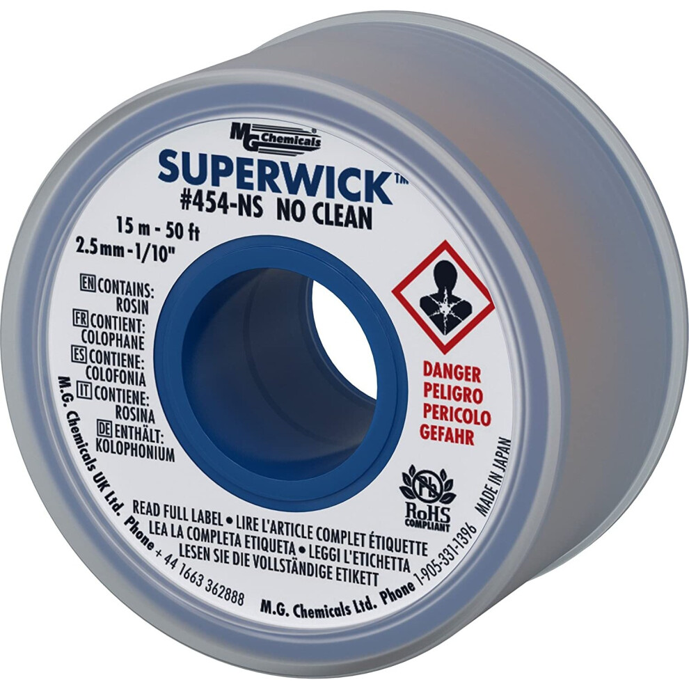 Mg Chemicals Desoldering Braid #4 No Clean Super Wick Desoldering Braid, 0.1" Width X 50' Length, Blue 779008454558